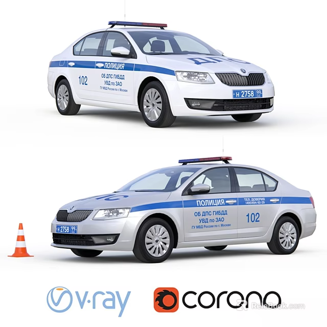 White Police Car With 102 Marking Traffic Cone And License Plate 3d model 