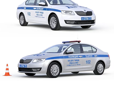 White Police Car With 102 Marking Traffic Cone And License Plate 3d model