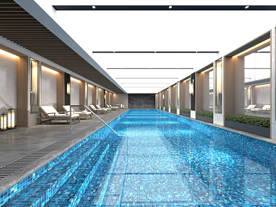 Spacious Indoor Swimming Pool With Blue Tiles Lounge Chairs And Modern Lighting 3d model