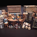 Vintage Daily Living Items Display With Cash Register Safe Cans Rolled Cloths And Furniture