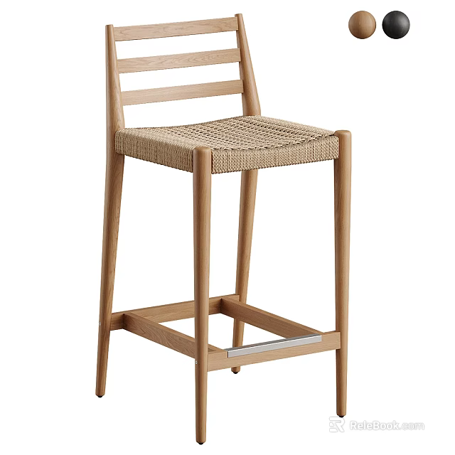 Simple Modern Wooden Bar Stool With Rattan Seat Ladder Backrest And Footrest 3d model 