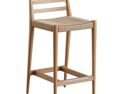 Simple Modern Wooden Bar Stool With Rattan Seat Ladder Backrest And Footrest 3d model