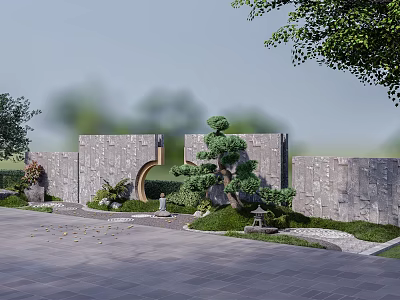 Stone Garden Wall Design In Traditional Courtyard With Circular Arch Green Plants And Stone Lantern 3d model