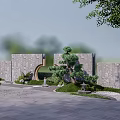 Stone Garden Wall Design In Traditional Courtyard With Circular Arch Green Plants And Stone Lantern