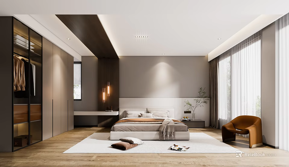 Modern Bedroom Interior Design With Bed Accent Chair Window Curtains Ceiling Lights And Wooden Floor 3d model 