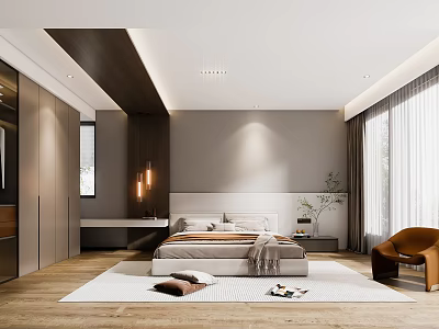 Modern Bedroom Interior Design With Bed Accent Chair Window Curtains Ceiling Lights And Wooden Floor 3d model
