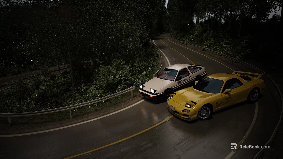 Two Cars on Curved Mountain Road at Night with Trees Guardrail and Shiny Wet Pavement 3d model 