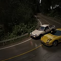 Two Cars on Curved Mountain Road at Night with Trees Guardrail and Shiny Wet Pavement