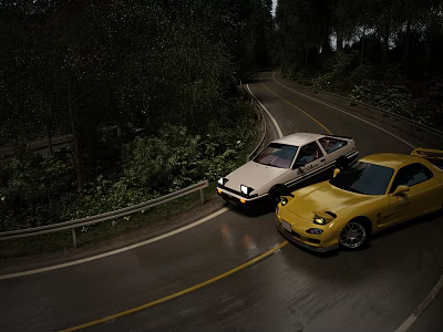 Two Cars on Curved Mountain Road at Night with Trees Guardrail and Shiny Wet Pavement 3d model