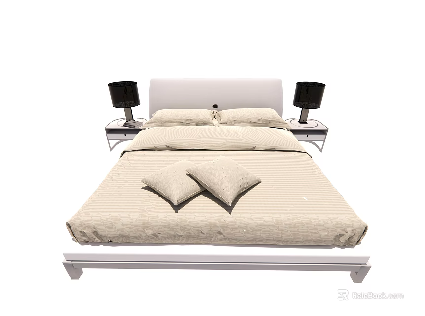 Double Bed With White Headboard Beige Bedspread Pillows Cushions And Nightstands With Black Lamps 3d model 