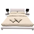 Double Bed With White Headboard Beige Bedspread Pillows Cushions And Nightstands With Black Lamps