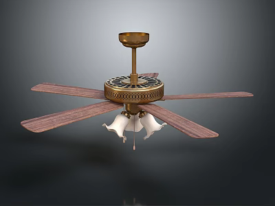 Elegant Ceiling Fan With Wooden Blades Metal Decoration And Lighting Fixture Design 3d model