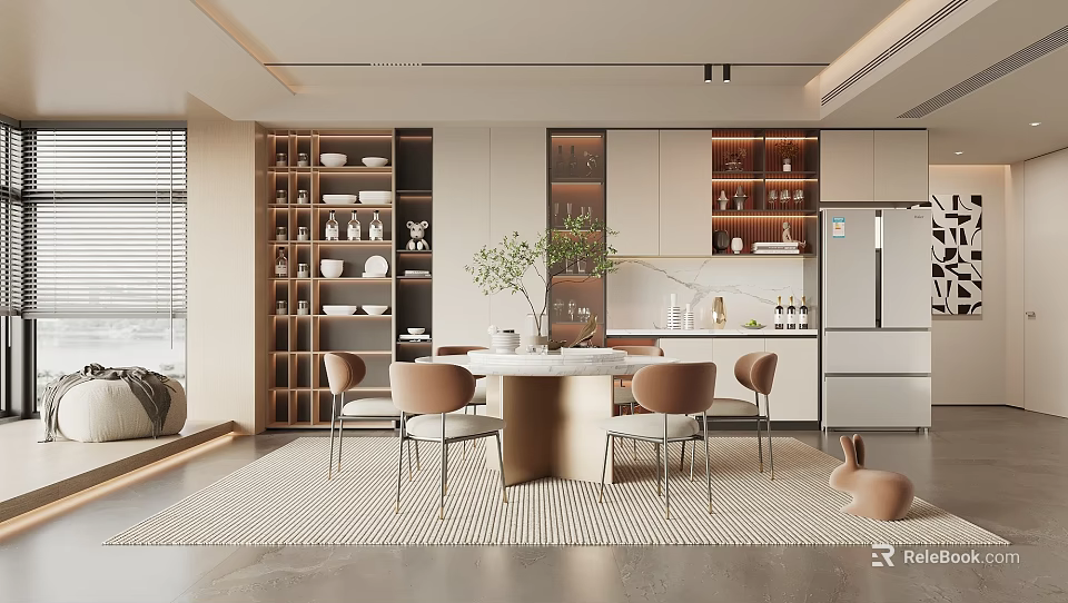 Modern Restaurant Interior With Open Layout Dining Table Chairs And Green Plants Decor 3d model 