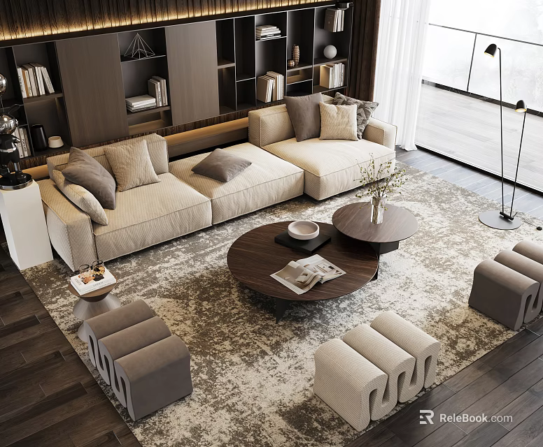 Modern Beige Sectional Sofa and Round Wooden Coffee Table Set with Ottomans and Rug 3d model 