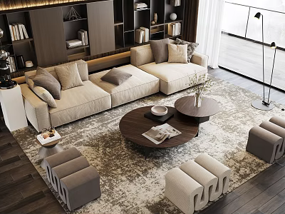 Modern Beige Sectional Sofa and Round Wooden Coffee Table Set with Ottomans and Rug 3d model