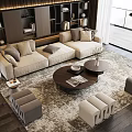 Modern Beige Sectional Sofa and Round Wooden Coffee Table Set with Ottomans and Rug