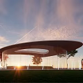 Modern Outdoor Landscape Design With Curved Pathway And Circular Structure Trees And Lighting