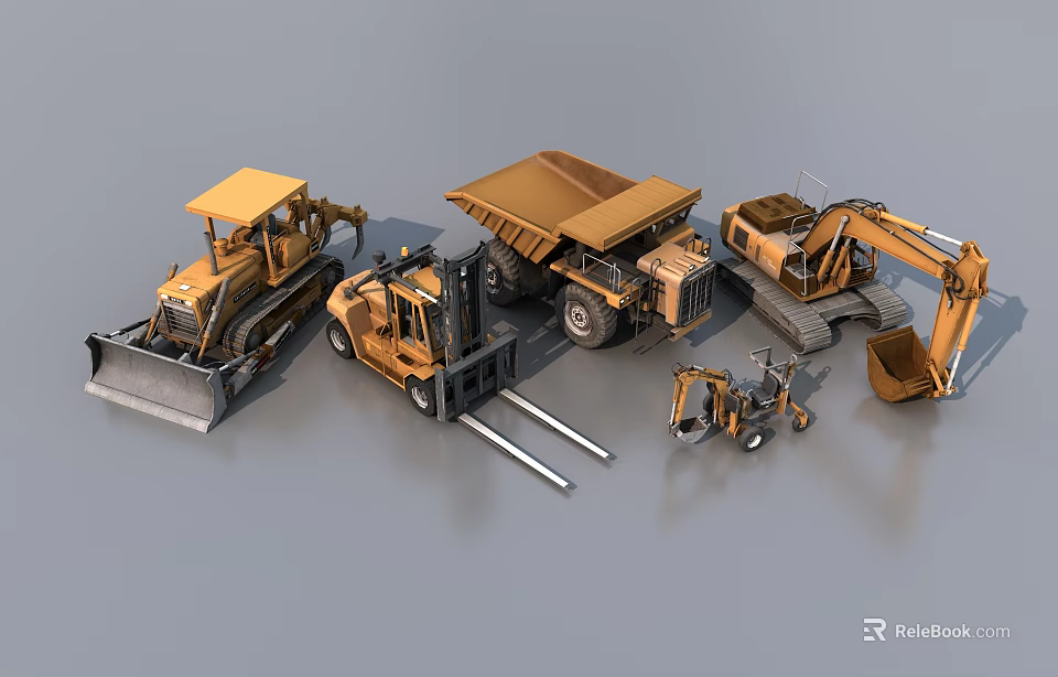Different Types of Functional Construction Vehicles Bulldozer Dump Truck Forklift and Excavator 3d model 