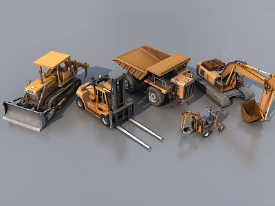 Different Types of Functional Construction Vehicles Bulldozer Dump Truck Forklift and Excavator 3d model
