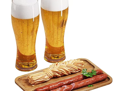 Appetizing Sausages With Crispy Sticks Fresh Herbs On Wooden Tray And Cold Beer 3d model