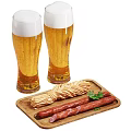 Appetizing Sausages With Crispy Sticks Fresh Herbs On Wooden Tray And Cold Beer