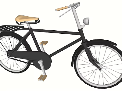 Classic Black Bicycle with Wooden Seat Handlebars Headlight Rear Rack and Pedals 3d model