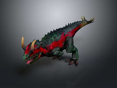 Fierce Green And Red Horned Dinosaur With Spiked Back 3D Rendering 3d model