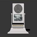 Silver Metal Sculpture Carving With Intricate Relief Patterns And Digital Display Elements