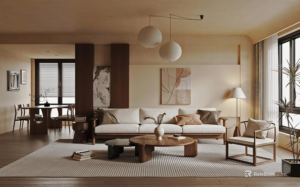 Warm Natural Wood Tone Living Room With Soft Fabric Sofa And Chic Minimalist Interior Design 3d model 