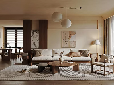 Warm Natural Wood Tone Living Room With Soft Fabric Sofa And Chic Minimalist Interior Design 3d model