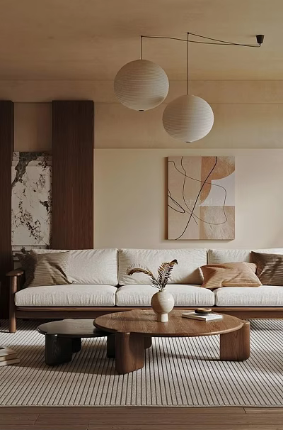 Warm Natural Wood Tone Living Room With Soft Fabric Sofa And Chic Minimalist Interior Design 3d model
