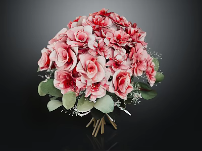 Stylish Furniture Decorated With Pink And Red Rose Bouquet And Green Leaves 3d model
