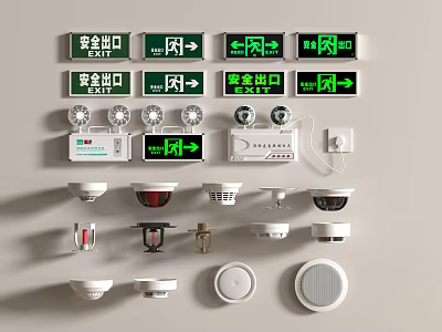 Essential Fire Safety Equipment Including Exit Signs Smoke Detectors and Alarm Devices 3d model