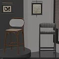 Two Stylish Bar Stools Featuring Brown Wooden Frame Woven Backrest And Black Houndstooth Patterned Seat