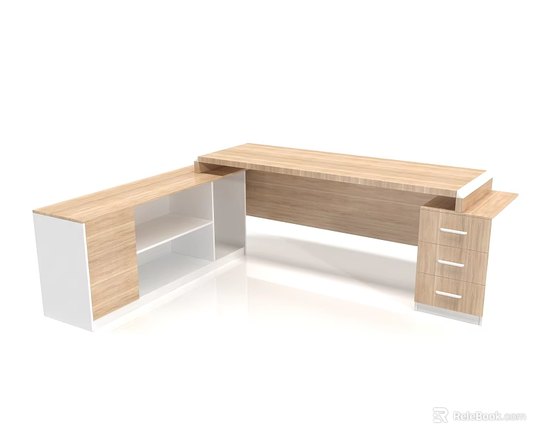 Modern L shaped Office Desk With Wooden Tabletop Drawers And Open Storage 3d model 