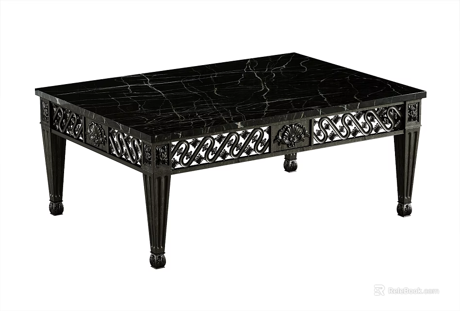 Elegant Black Coffee Table With Marble Top And Ornate Carved Decorative Legs 3d model 