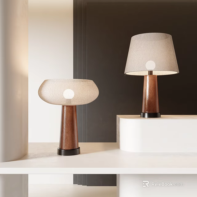 Modern Table Lamps With Wooden Base And Fabric Shade In Minimalist Interior 3d model 