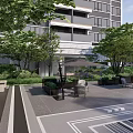 Modern Residential Landscape Featuring Courtyard Area Trees Outdoor Seating And Shade Structures