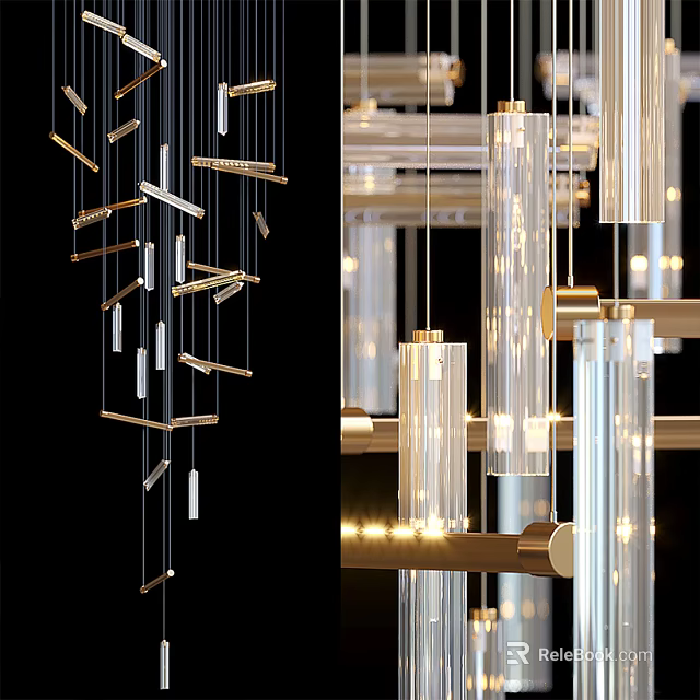 Modern Transparent Cylindrical Chandelier With Gold Metal Frame And Hanging Light Bars 3d model 