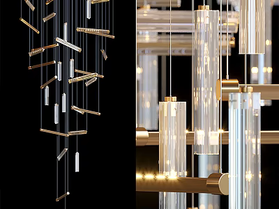 Modern Transparent Cylindrical Chandelier With Gold Metal Frame And Hanging Light Bars 3d model