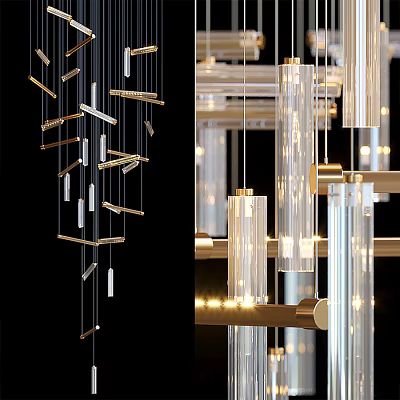Modern Transparent Cylindrical Chandelier With Gold Metal Frame And Hanging Light Bars 3d model