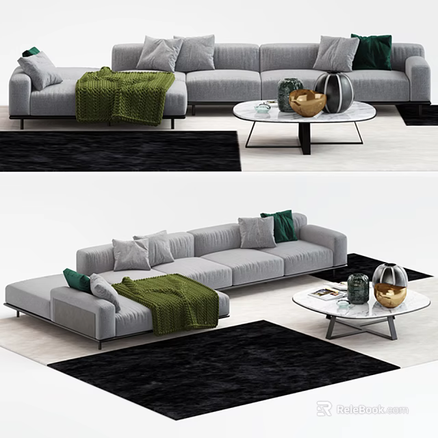 Gray Sectional Sofa With Green Blanket Pillows And Coffee Table Decor Items 3d model