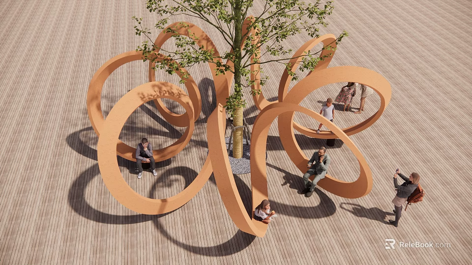 Outdoor Chair with Circular Orange Design Where People Sit Around a Tree for Relaxation 3d model 