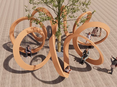 Outdoor Chair with Circular Orange Design Where People Sit Around a Tree for Relaxation 3d model
