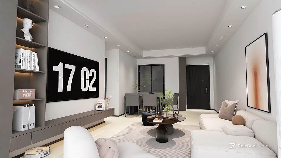 Modern Minimalist Open Plan Living And Dining Room With Soft Neutral Tone Comfortable Interior Design 3d model 