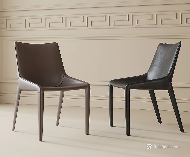 Modern Elegant Brown and Black Leather Dining Chairs With Wall Paneling Design 3d model 