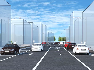 Municipal Road Featuring Two Way Traffic Lanes Multiple Vehicles Streetlights Transparent Barriers And Clear Sky 3d model