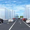 Municipal Road Featuring Two Way Traffic Lanes Multiple Vehicles Streetlights Transparent Barriers And Clear Sky