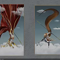 Character Paintings Of Figures Holding Long Sticks Standing On Clouds With Flowing Capes And Hair