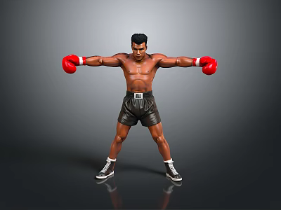 Shirtless Man in Boxing Stance Wearing Red Gloves and Black Shorts 3d model